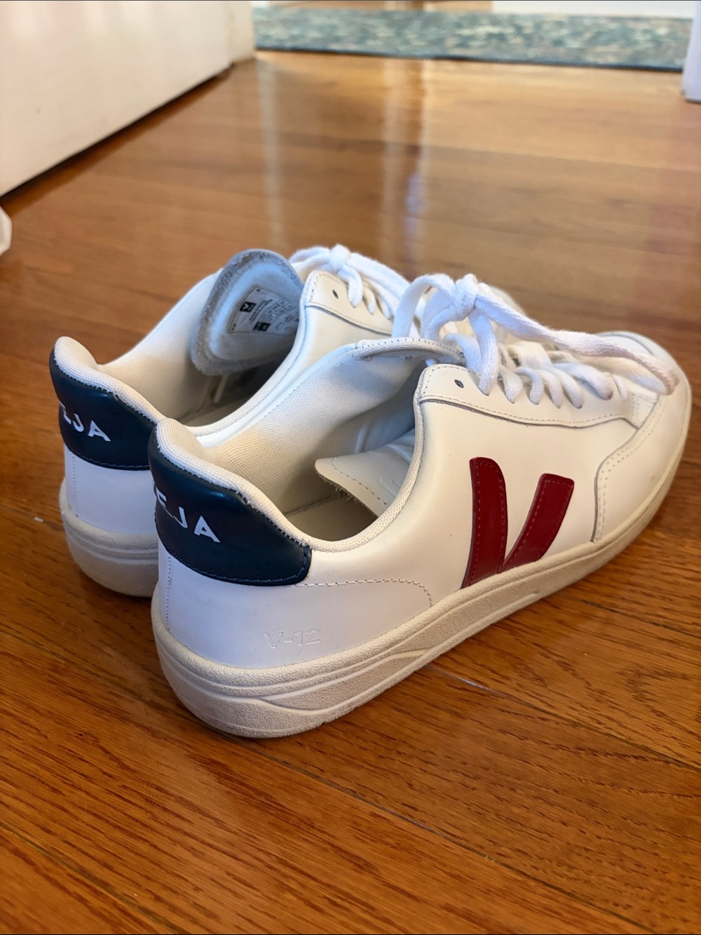 Veja V-12 Sneakers in White with Red V and Navy Heel Tab